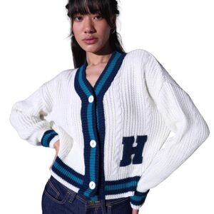 hubberholme women white varsity 100% acrylic relaxed cardigan sweater hhwsww23003 wh s